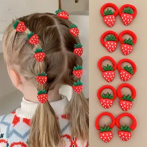 10pcs Little Girl's Sweet and Cute Strawberry Cherry Fruit Hair Scrunchies, Red Festive Towel Scrunchies, Hair Rubber Bands and Headbands for Children and Girls to Tie Hair