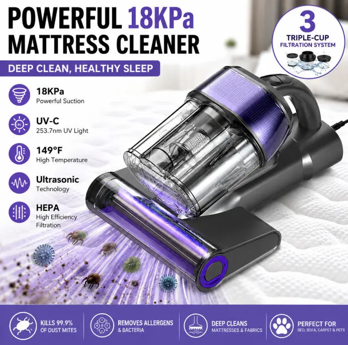 Corded Handheld Mattress Vacuum Cleaner with UV-C Light, 16Kpa Strong Suction, 30000 RPM Dual Drum Brushes, 140°F Hot Air, Ultrasonic Tech, 500W 220V Unit for Effective Quick Dust Removal, 220 V, Effective Cleaning