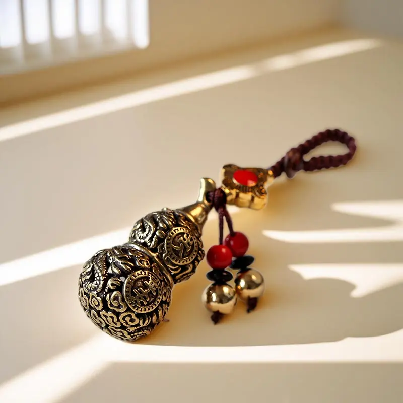 Brass Lucky Charm Keychain with Hollow Gourd Pendant Unisex Birthday Gift Key Keepsake for Men and Women