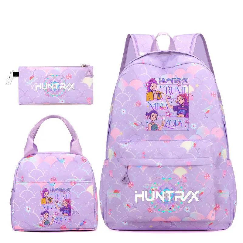 3‑Piece KPOP Rumi Mira Zoey Cartoon Backpack Set, Purple Mermaid Scale Print School Backpack with Lunch Tote Bag and Zipper Pencil Case, Casual Daypack for Teen Girls Women