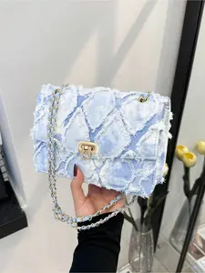 Trending Viral Y2K Denim Quilted Crossbody Shoulder Bag With Leather Threaded Metal Chain Daily Versatile Underarm Bag For Students Daily Outgoing Trendy Crossbody Bag