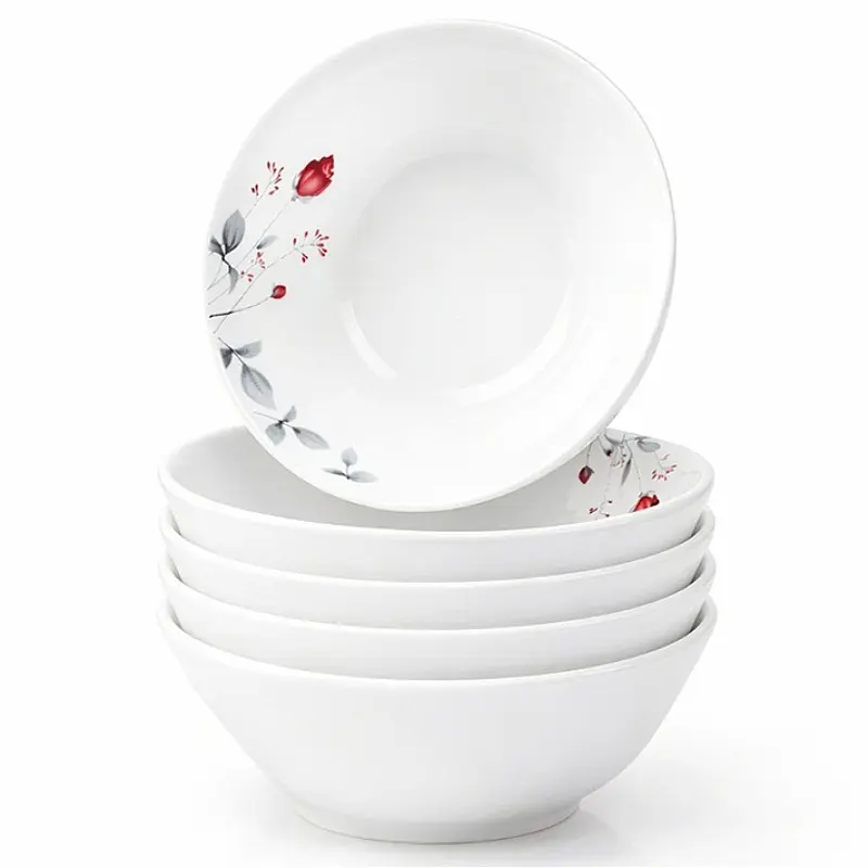 4pcs 9 Inch Floral Ceramic Soup Bowl Elegant Wide Rim Round Design Red Flower Pattern Modern Minimalist Dinnerware Large Salad Noodle Serving Bowl Aesthetic Home Kitchen Tableware Set