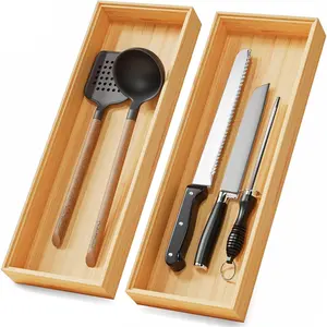 Set of 2 Long Bamboo Kitchen Drawer Organizer Boxes 17" x 6" Stackable Wooden Silverware Utensil Tray Cutlery Flatware Storage Bins for Drawers Pantry Junk Drawer Bathroom RV Organizers