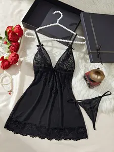 2pcs/set Women's Sexy Lingerie Thong Lace Seductive Camisole Sleepwear Hot Hollow-out Nightdress