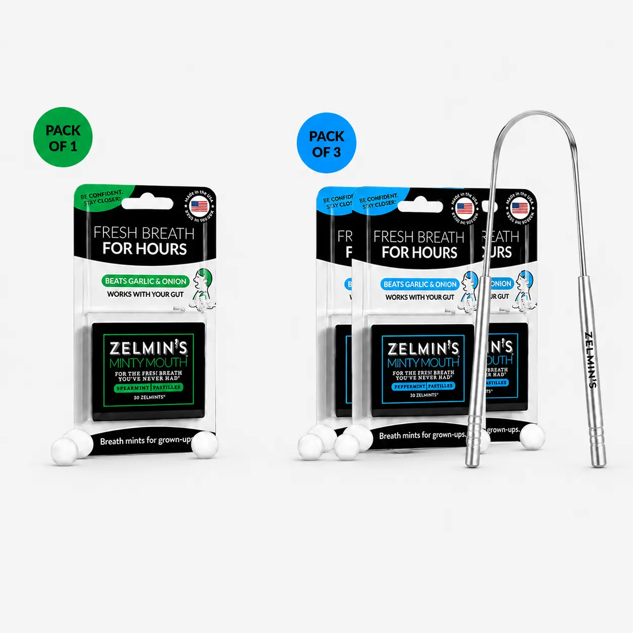 Zelmin's Minty Mouth Fresh Breath Kit - Peppermint 3-Pack, Spearmint 1-Pack, 2-Handle Stainless Steel Tongue Scraper, Crisp Refreshing Breath Freshener Capsules, Oral Gel Sunflower Antibacterial
