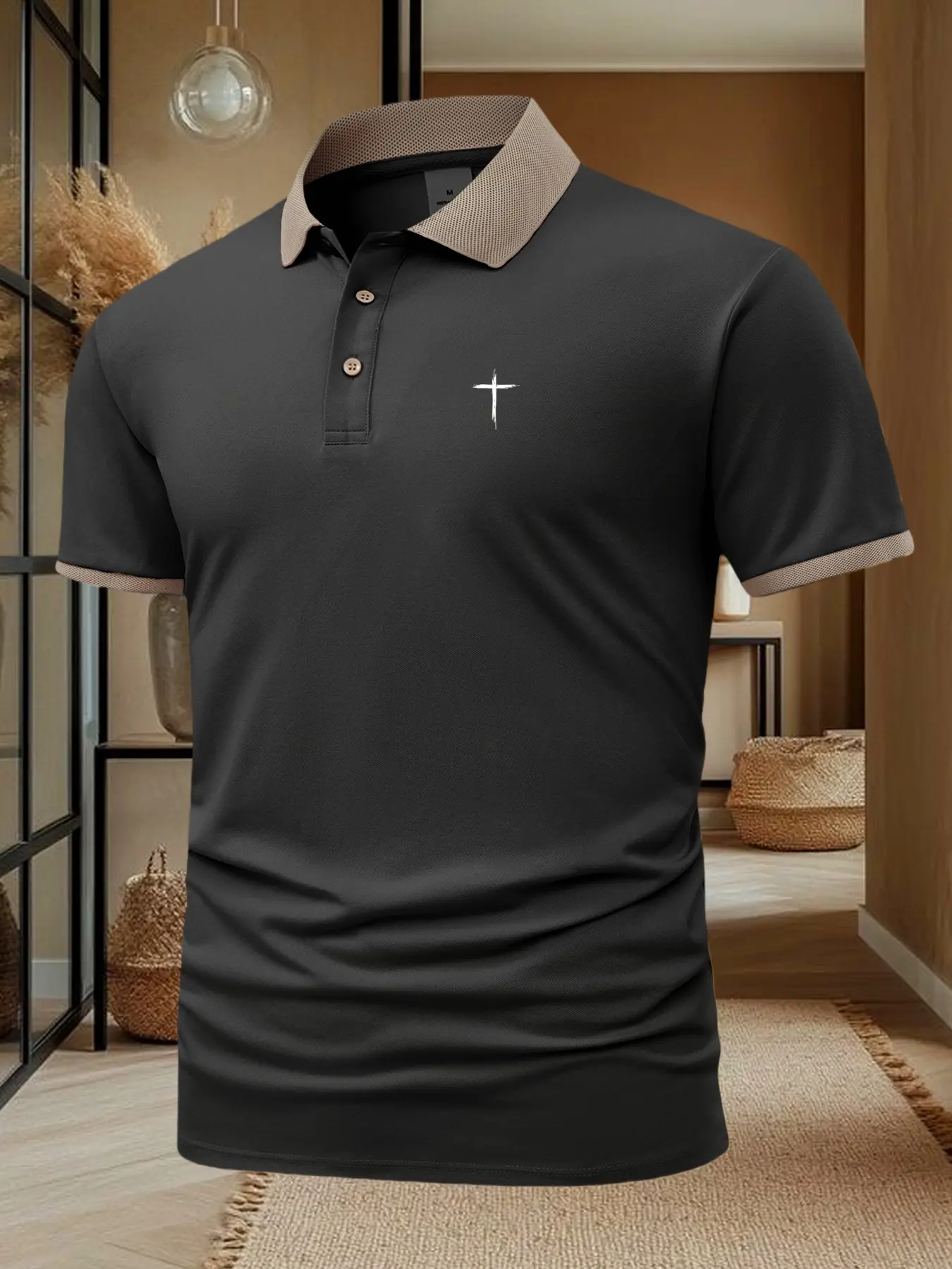 Men's Cross Print Casual Short Sleeve Collared Polo Shirt, Summer Fashion Breathable Top, Stylish Leisure Wear, Perfect Gift Idea