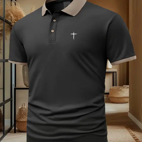 Men's Cross Print Casual Streetwear Collared Short Sleeve Polo Shirt, Summer Fashion Breathable Top, Stylish Leisure Wear, Perfect Gift Idea