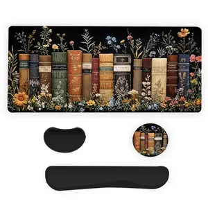 Vintage Bookshelf & Floral Pattern Mouse Pad & Keyboard Wrist Rest & Coaster Set, Gaming Mouse Pads, Ergonomic Wrist Support, Waterproof Computer Mat, Suitable for Home Office Gaming