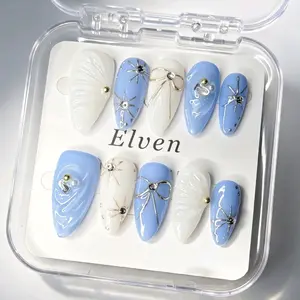 Handmade Blue White Two‑Tone Press On Nails With 3D Shell, Silver Bow & Star Rhinestone Accents, Medium Almond Reusable Fake Nails For Summer Beach Wear