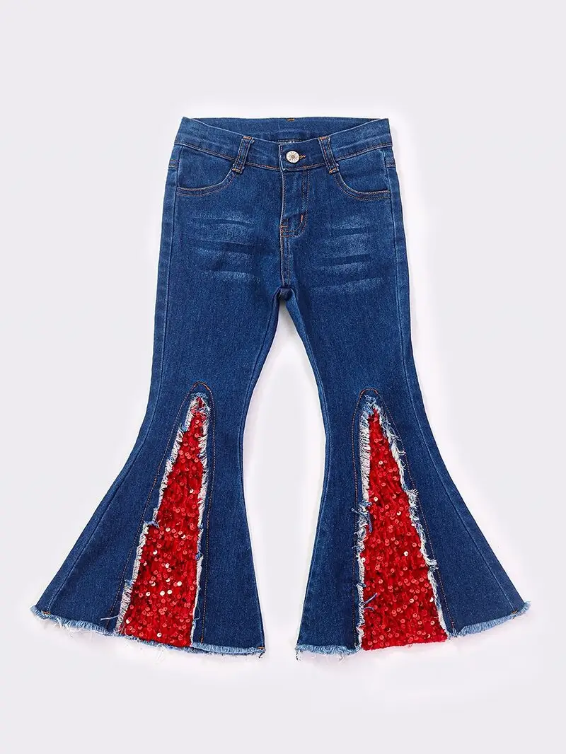 Blue Denim Stretchy With Red Sequin Print Bell bottoms Girls Jeans