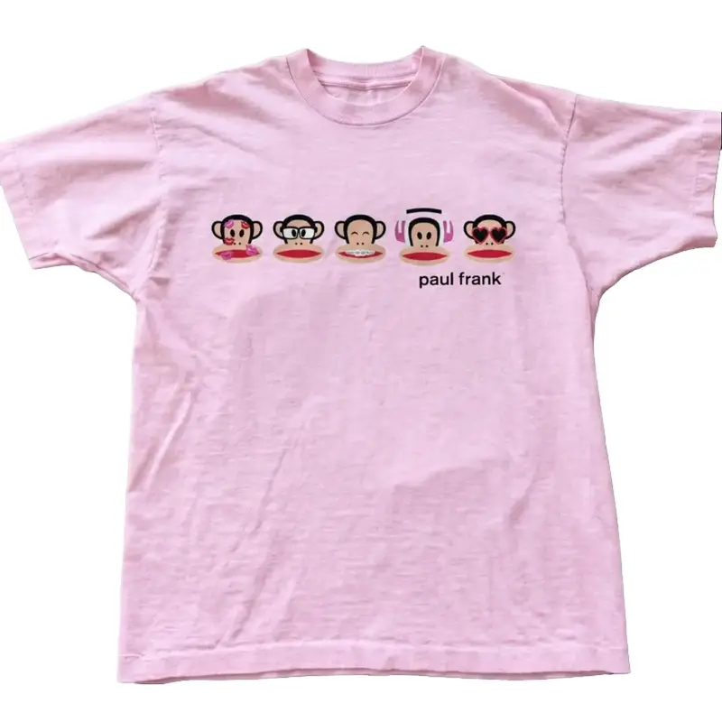 Paul Frank Monkey Faces Graphic T-Shirt - Julius Cartoon Character Pink Tee Unisex Retro Streetwear Short Sleeve Cotton Shirt