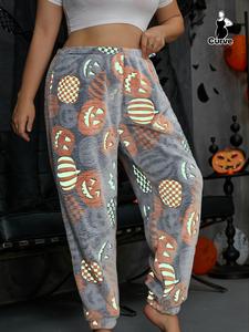 【plus size】 glow in the dark reflective pumpkin & ghost print elastic waist sleep pants, halloween fluffy pajamas, casual comfy lounge pants for women, fall wear, halloween pajamas, fallfreshness clothes birthday gifts birthday gifts
