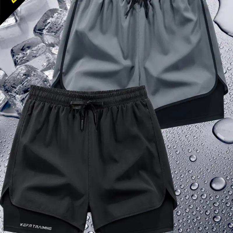 KIER TRAINING Men's 2-Pack Loose-Fit Cut Double Layer Stretch Solid Sports Shorts - Breathable Quick-Dry Spandex Inner Lining, Loose Outer Layer, Above-Knee Streetwear Sports Spandex Short, Yoga Gym Activewear, Gym-Casual Bottoms, Father's Day Gift