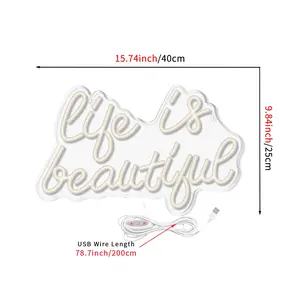 'life Is Beautiful' LED Neon Sign, USB Dimmable, Ideal for Home, Cafe, Bar, Positive Quote Room Decor, Jm-H Model