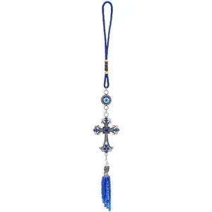 Evil Eye  Hanging Ornament Cross Pendant Turkish Blue Evil Eye  Charms Protective Wall Decor for  Rear View Mirror Window Door Christmas  to School Decor ,Length 10.6inch