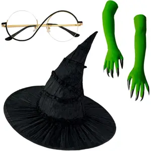 Halloween Witch Costume Set – Witch Hat, Green Claw Gloves & Glasses – 4pcs Dress-Up Kit for Cosplay & Party Fun