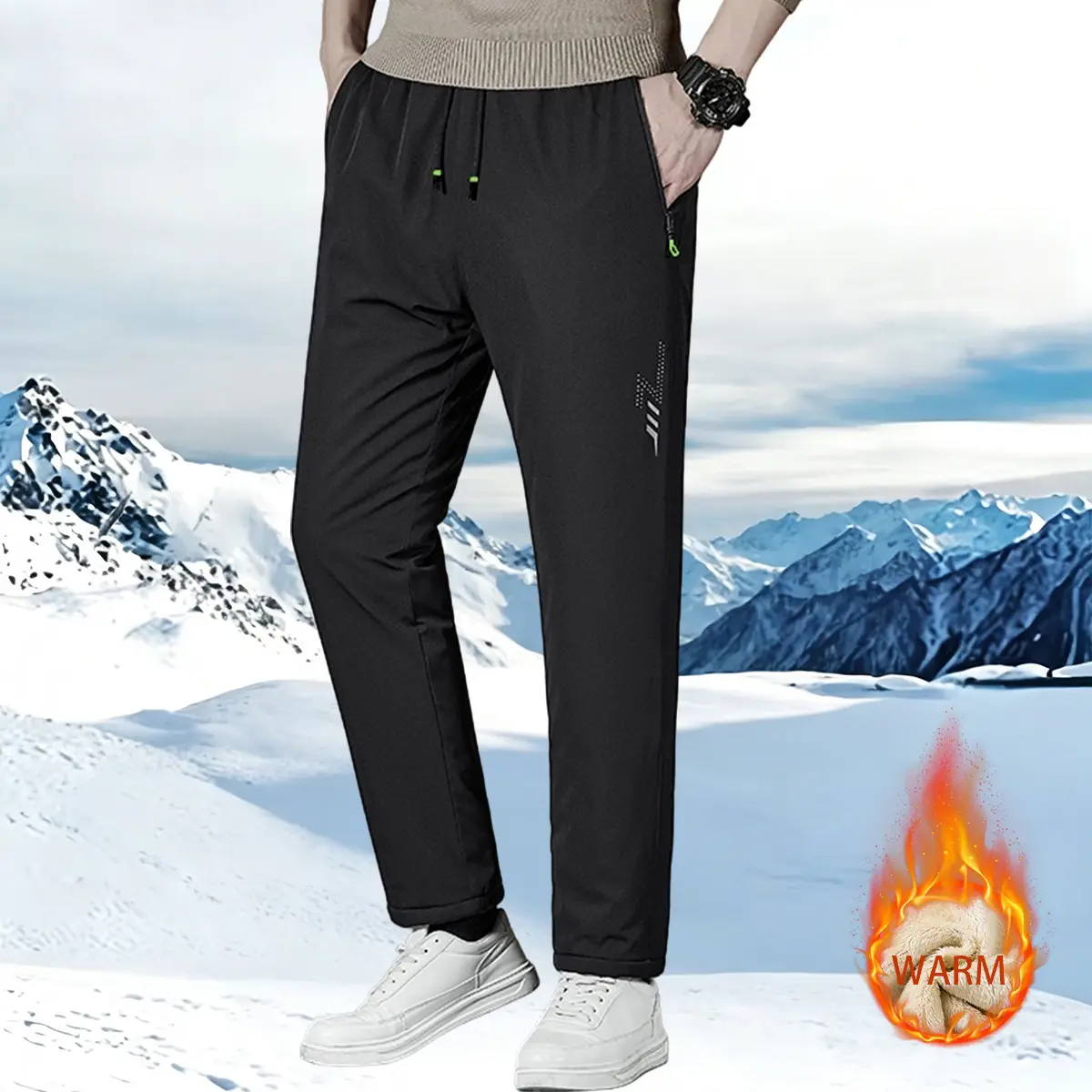Men’s fleece-lined warm casual long pants for autumn and winter, windproof with thermal locking, elastic drawstring waist and zippered pockets, regular fit, suitable for outdoor leisure activities and sports.