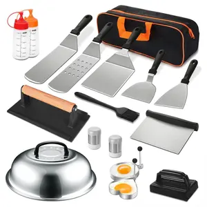 Stainless Steel Barbecue Tool Set, 17pcs/set Barbecue Spatula & Lid & Tool with Storage Bag, Outdoor Barbecue Accessories for Camp Chef