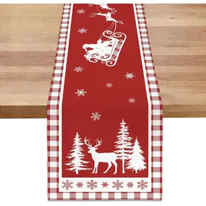 Christmas  Pine Tree Table Runner 13x90 Inch Red White Buffalo Plaid Seasonal Winter Holiday Kitchen Dining Table Decoration for Indoor Outdoor  Party Decor