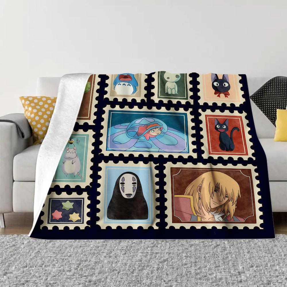 Retro Ghibli Blanket Soot Sprites Flannel Blanket Ghibli All Characters Stamp Blanket Mononoke Soft Warm Throw For Gamer Room Decor Dorm Essential Bed Sofa Home Gift