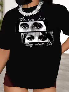 Women's Letter Print Round Neck Graphic Tee, Vintage Fashion Chic Casual Fitted Off-Shoulder Short Sleeve T-Shirt, Summer Women's Top for Daily Wear, Womenswear