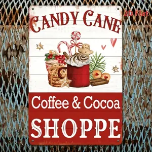 Vintage Candy Cane Coffee Cocoa Shop Metal Sign 8x12 Inch Rustic Holiday Wall Art with Gingerbread Candies and Hearts for Home Cafe Restaurant or Sweet Shop Decor