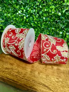 2.5 Inch By 10 Yard Red And Gold Holly Leaf And Berry Ribbon