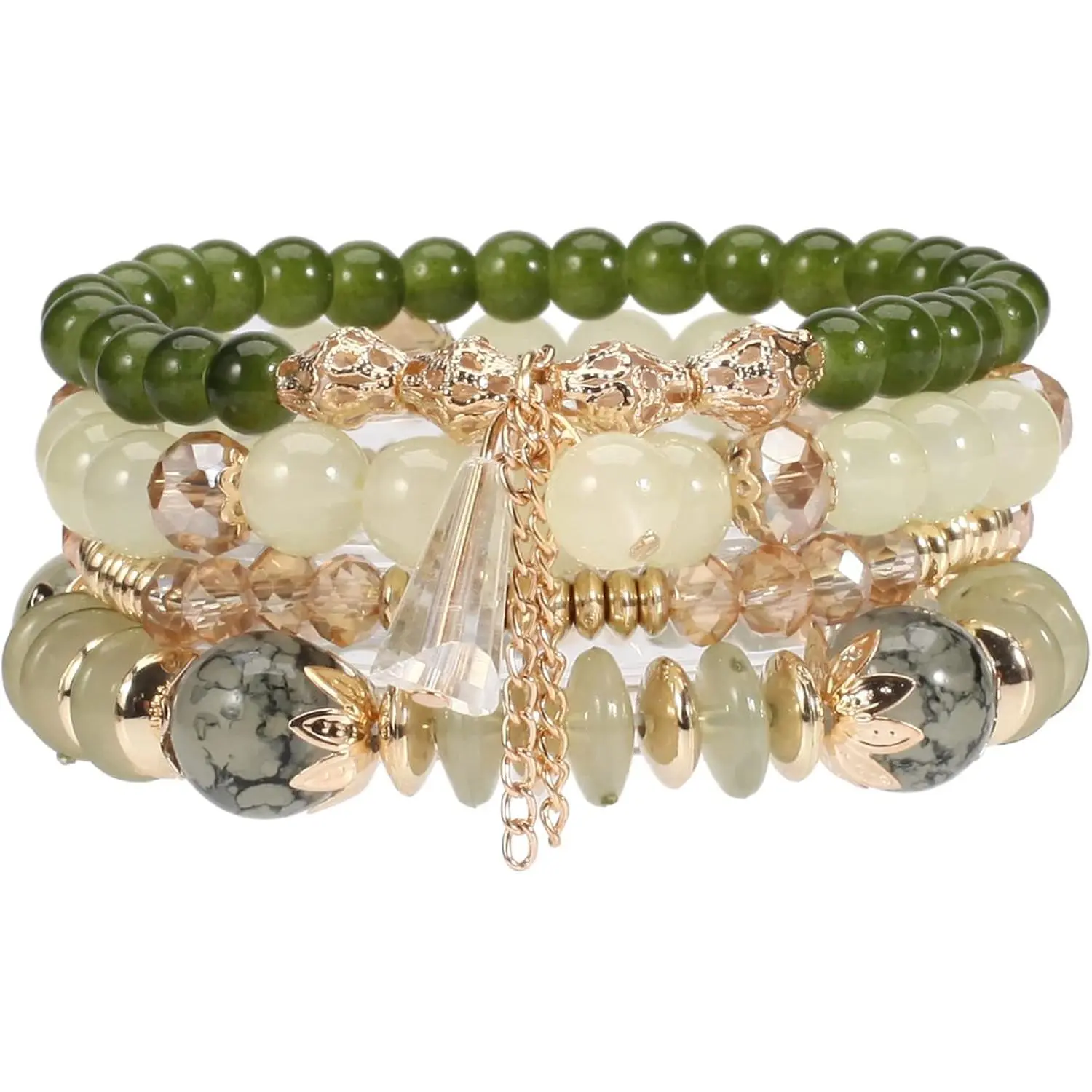Women's Boho Stackable Gold Beaded Stretch Charm Bracelets Set - Artificial Crystal Accents, Colorful Bling Elastic Multilayer Bangles, Versatile Female Summer Beach Fashion Accessories