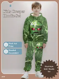 Lightning Pixel Art 3D Printed Hoodie Long Sleeve & Long Pants Set, Casual Slim Fit Spring Fall, No Zipper Buttonless Design