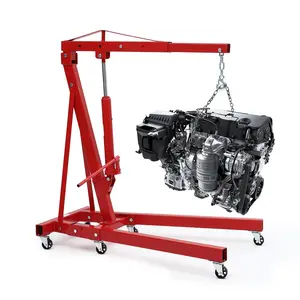 Garvee 2 Ton Folding Hydraulic Engine Hoist with Telescopic Boom and 6 Casters, Heavy Duty Red Shop Crane for Lifting Engines in Workshops and Garages