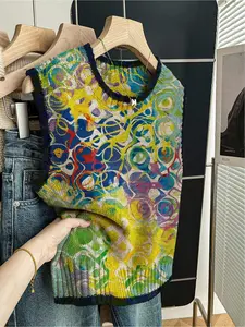 1pc Women's Spring/Summer Back to School Casual Loose Crew Neck Sleeveless Knit Top - Dark BlueTrim, Color-Block Patchwork All-Over Print, Vest-Layerable, Chic Elegant Vest