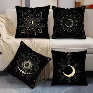 4pcs/set, Black Style Throw Pillow Covers with Sun, Moon & Starry Sky Design, Mysterious Witch Decoration Pillowcases,  Mandala Black Square Cushion Cases, Printed Pillowcase for Home, Office, Sofa Decor (No Pillow Core)