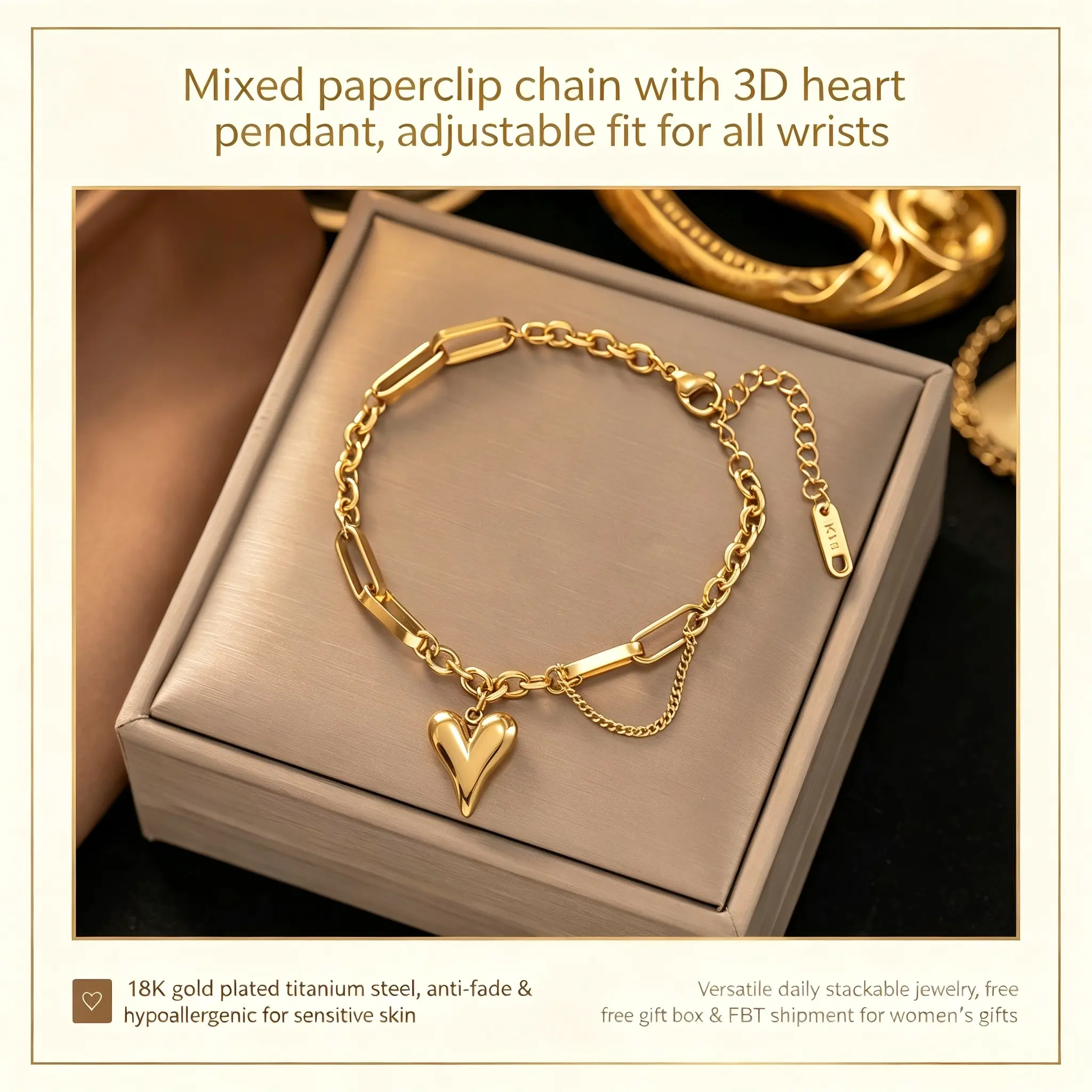 Aurevina Modern Titanium Steel Heart Charm Layered Chain - Adjustable Size, Dry Wipe Care, Elegant Women's Costume Jewelry for Bracelet Stacking, Ideal for Daily Wear & Gifting, Charm Elements Bracelets & Bangles, Gold Aesthetic Minimally Chic