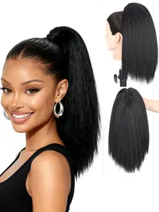 16 Inches Kinky Ponytail Hair Extensions Claw Clip Yaki Black Ponytail Extension For Black Women Kinky Straight Clip In Ponytail Hair Extensions
