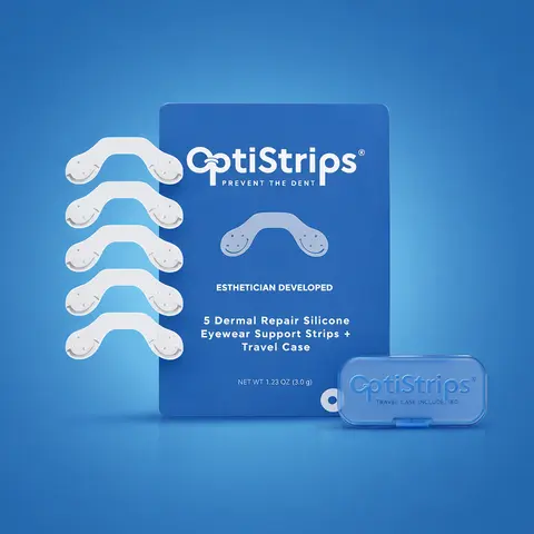 OptiStrips Soft Silicone Nose Pads for Eyeglasses - Non Slip, Hypoallergenic, Wash & Reuse 10x, 5 Strips + Travel Case (50-Day Supply), Fits Plastic & Metal Frames, Reduces Irritation & Red Marks, Compatible with Glasses Chains & Lanyards