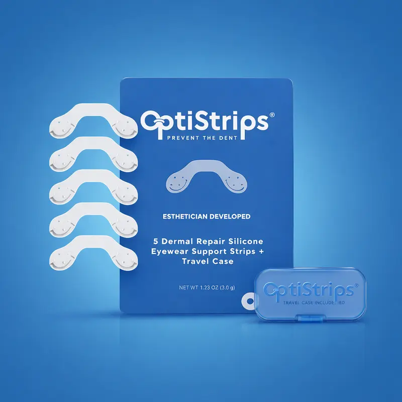 OptiStrips Soft Silicone Nose Pads for Eyeglasses - Non Slip, Hypoallergenic, Wash & Reuse 10x, 5 Strips + Travel Case (50-Day Supply), Fits Plastic & Metal Frames, Reduces Irritation & Red Marks, Compatible with Glasses Chains & Lanyards