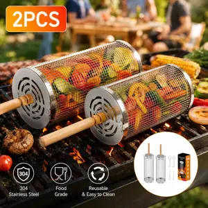 Rolling Grill Basket 2PCS with Removable Wooden Handle , 304 Stainless Steel BBQ Grill Basket for Vegetables Shrimp , Outdoor Camping Smoker Accessories Gift for Men Dad