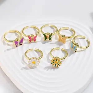 7 Adjustable Gold Boho Costume Rings - Butterfly-Shaped with Rotatable Parts, Fidget Relief Jewelry, Casual Summer Everyday Trend Accessory