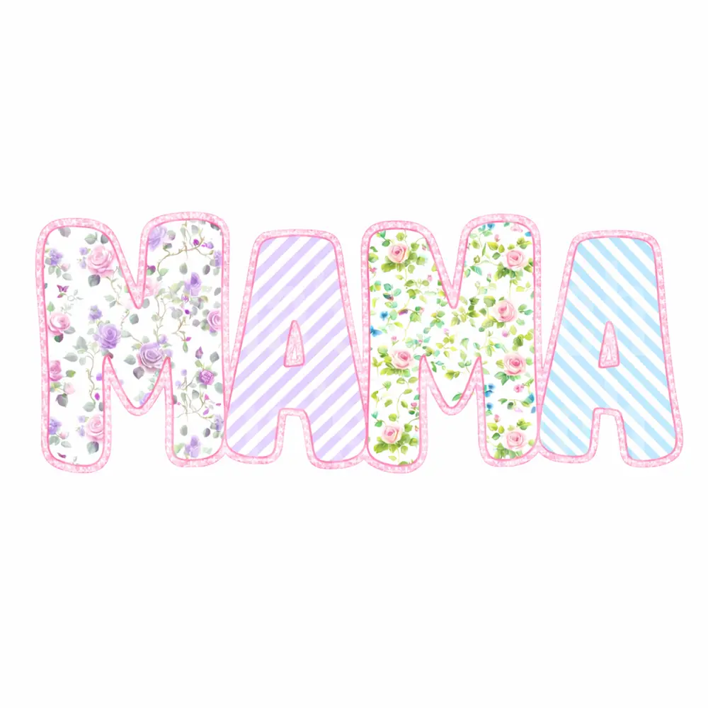 MAMA Floral Applique Letters with Pink Stitching Border
