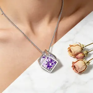 EJG Geometric Cube Pendant Necklace Silver Plated Copper Amethyst Purple Crystal Choker Daily Party OOTD Layering Jewelry Aesthetic Graduation Gift for Her