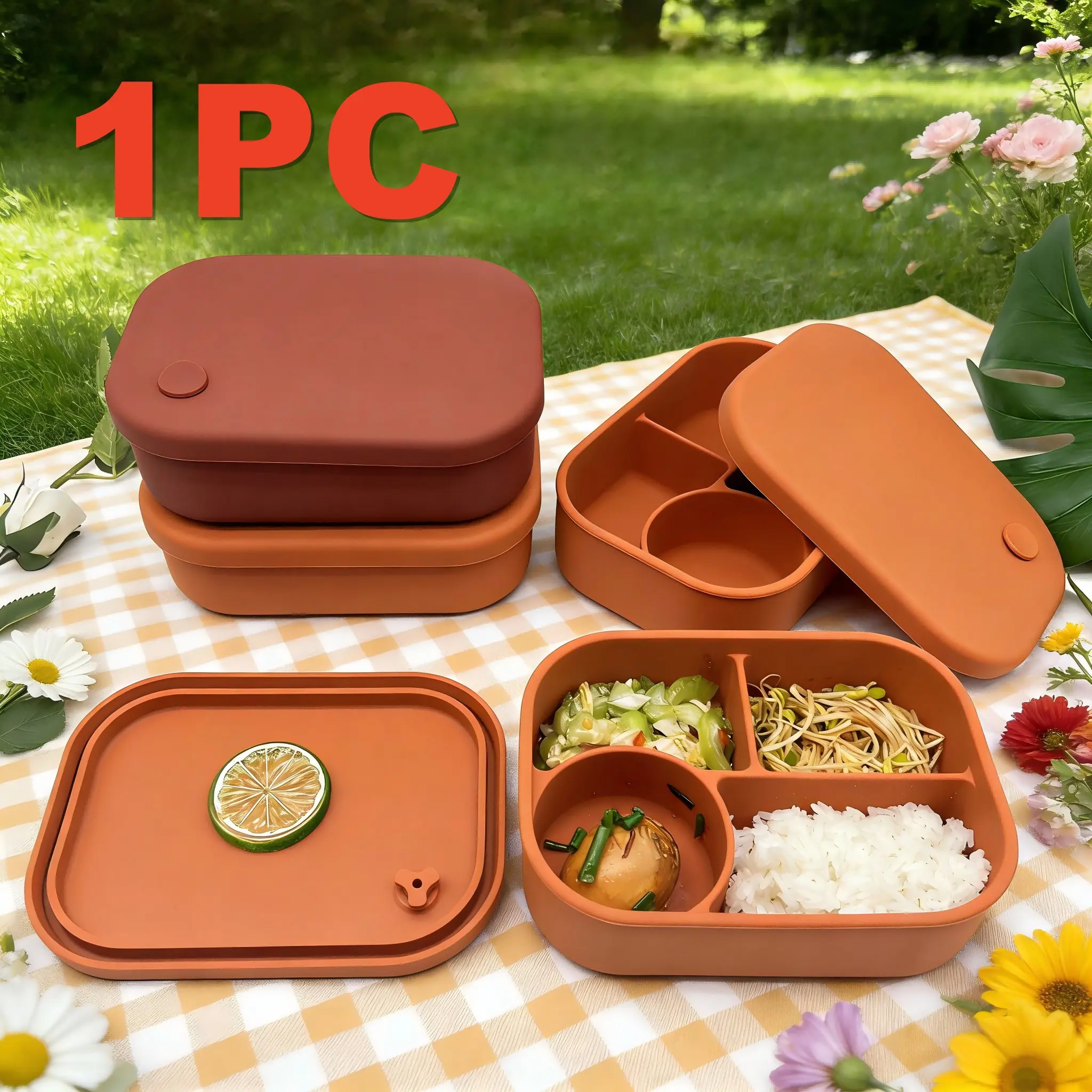 1Pc Silicone Bento Lunch Box, Leakproof Lunchbox, Microwave Safe Food Storage Container with 4 Compartments Suitable for Schools Offices Camping and Picnicking