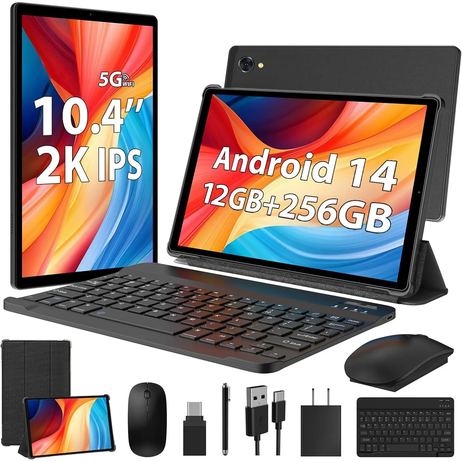 POWMUS Upgraded Android 14 Tablet Bundle, 10.3 Inch FHD IPS Display 2000 x 1200, Octa-Core Processor, 6GB+6GB Expand, 256GB Storage (Up to 1TB Expandable), 8000mAh Battery, Dual-Band WiFi, 5MP+8MP Cameras, Keyboard, Mouse, Stylus & Protective Case