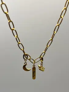 Her Era Necklace – Gold Charm Necklace with Engraved Bar & Cross Angel Charms 18k PVD Gold Waterproof Hypoallergenic Interchangeable Charm System