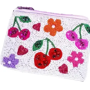 Cherry Bloom White Seed Bead Coin Purse