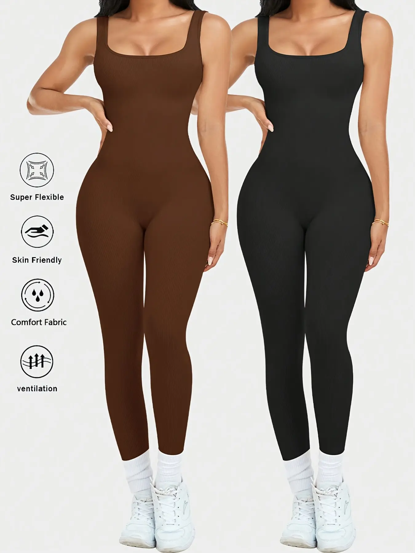 2 Pcs Womens Workout Rompers Solid Color Jumpsuits Stretchable Activewear Seamless Ribbed Yoga Gym One Piece Sleeveless Square Neck Tank Top Leggings Unitard Fitness Sport Outfits Sportswear Jumpsuit