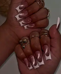 [Black Friday] Cat Eye Glitter Press On Nails: French Tip Long Square Almond Nail Art