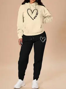 Women's Long Sleeve Hooded Sweatshirt Set, Butterfly Heart Print, Casual Fitted Two-Piece, Spring & Fall Fashion