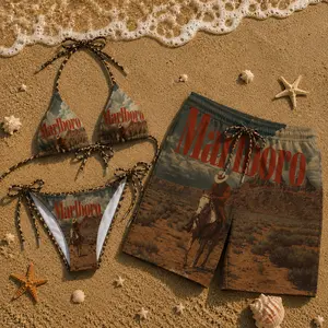 Marlboro Desert Cowboy Print Bikini Set & Men’s Swim Shorts – Vintage Western Aesthetic Couple Beachwear, Summer Vacation Outfit, Bold Graphic Style