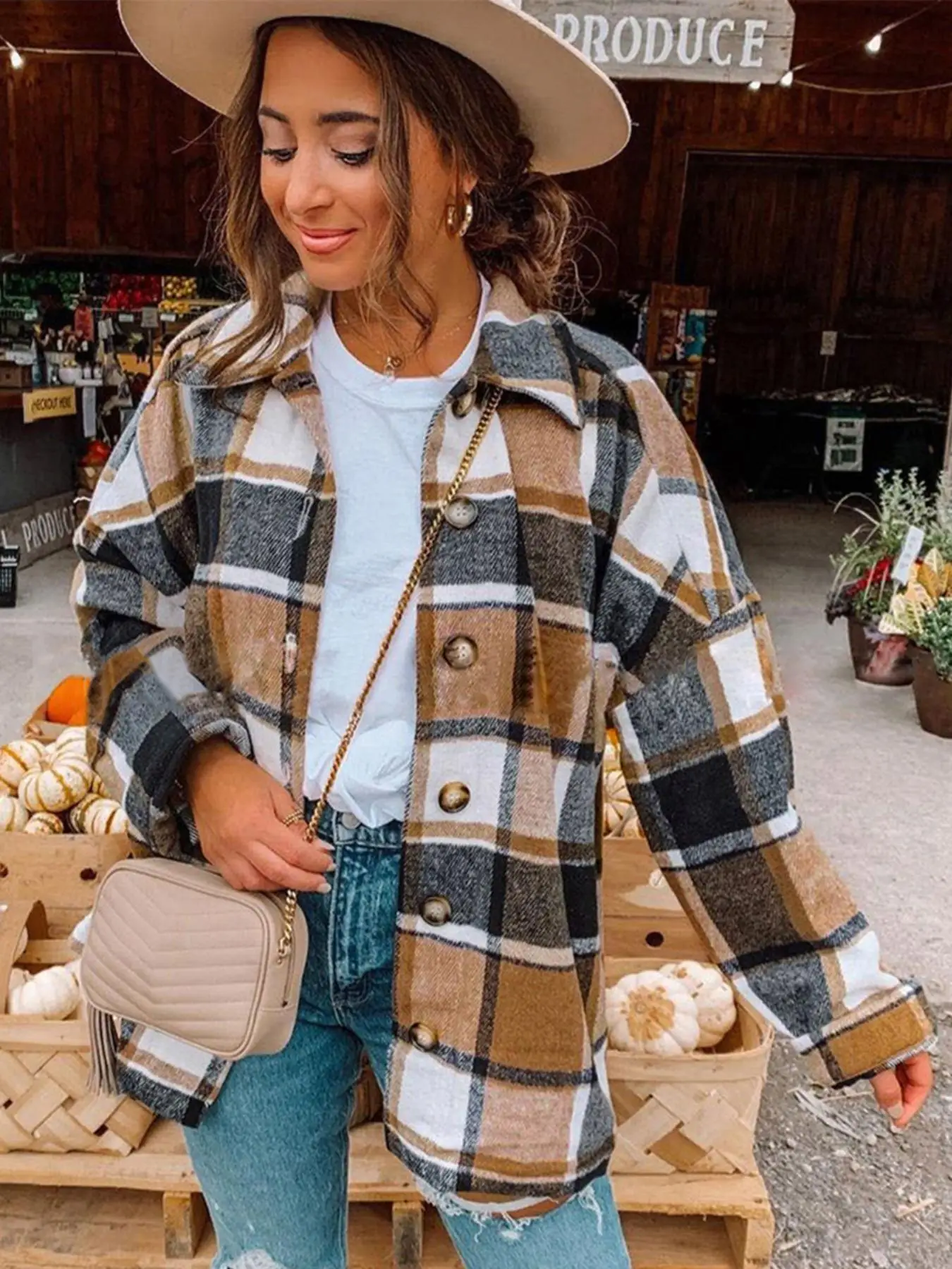 Women's Plaid Print Button Front Drop Shoulder Coat, Casual Long Sleeve Collared Button Up Outerwear For Fall & Winter, Women's Clothing For Daily Wea