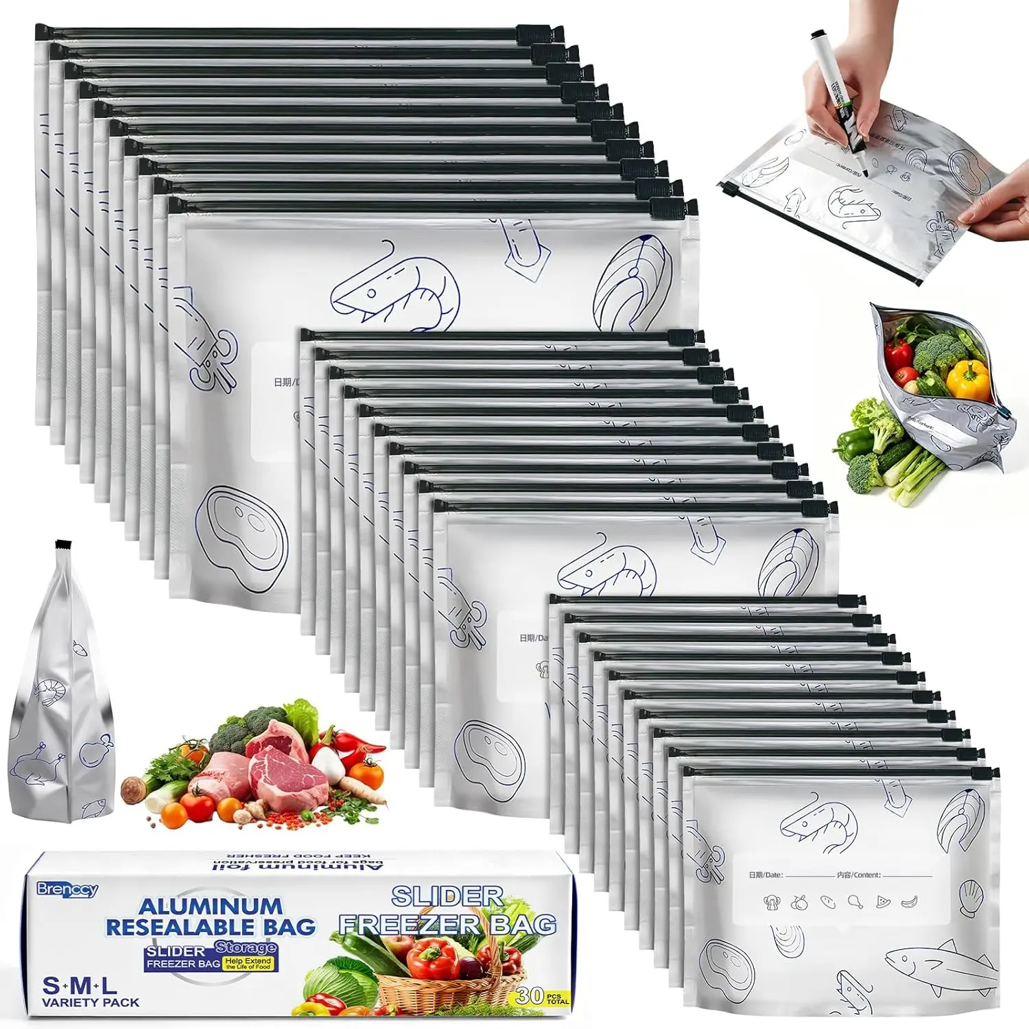 30-Pack Thick Reusable Aluminum Foil Storage Bags, 2026 New Airtight Resealable Vacuum Zipper Pouches with Labels & Zip Locks, 10S+10M+10L Eco-Friendly Insulation Containers with Food Covers for Kitchen Food Storage, Dorm Essentials